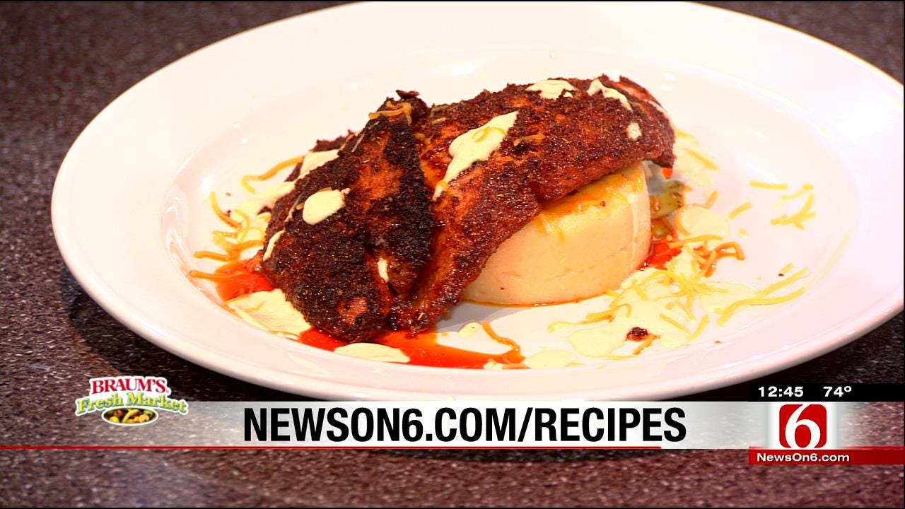 Blackened Catfish With Creole Mustard Sauce & Spicy Ham With Cheese Grits