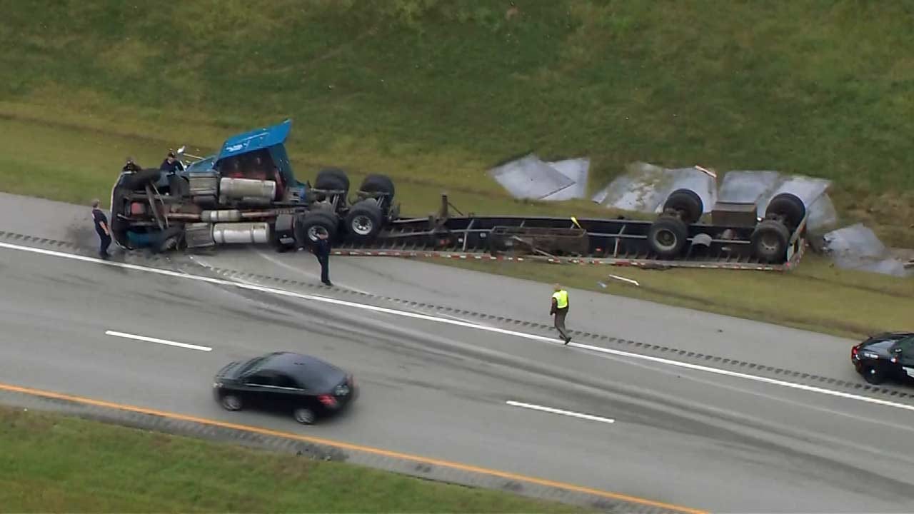 Large Steel Plates Spill From Overturned Semi In Catoosa