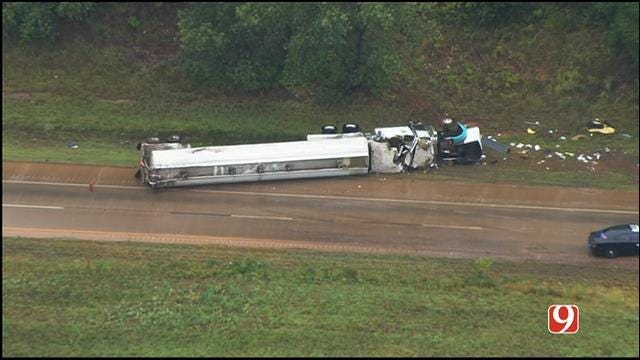 Overturned Semi Leaking Fuel Shuts Down I-35 SB In Logan Co.