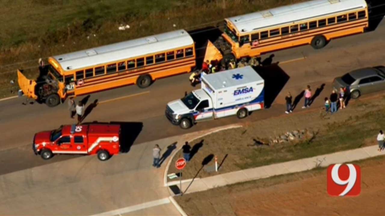 Minor Injuries Reported After 2 School Buses Crash In Mustang
