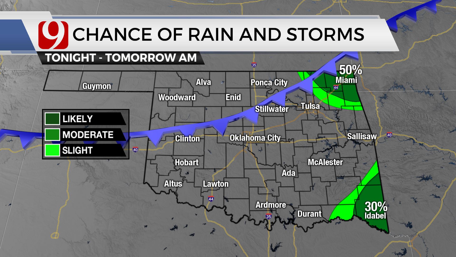 Chances of rain and storms tonight and tomorrow morning.