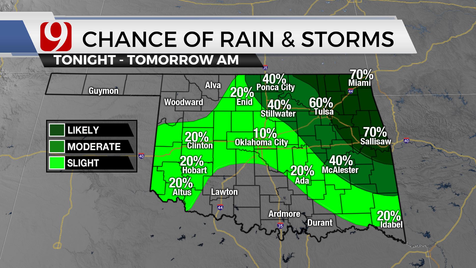 Chances of rain and storms Monday and Tuesday.